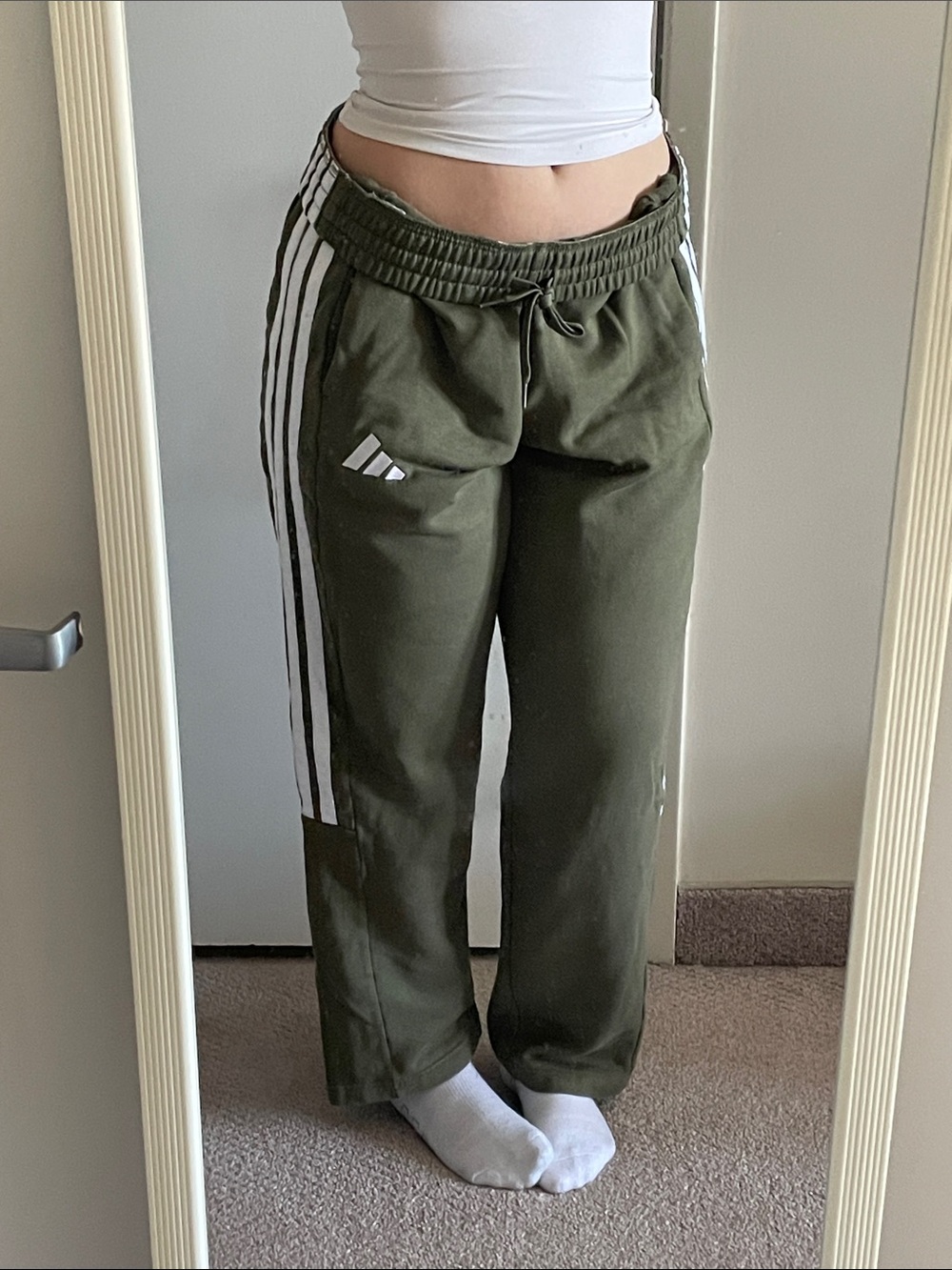 Women’s Adidas Olive Green Track Pants with White Stripes